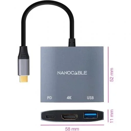 Nanocable Conversor USB-C a HDMI 4K, USB 3.0 y USB-C PD, Gris Nanocable Conversor USB-C a HDMI 4K, USB 3.0 y USB-C PD, Gris